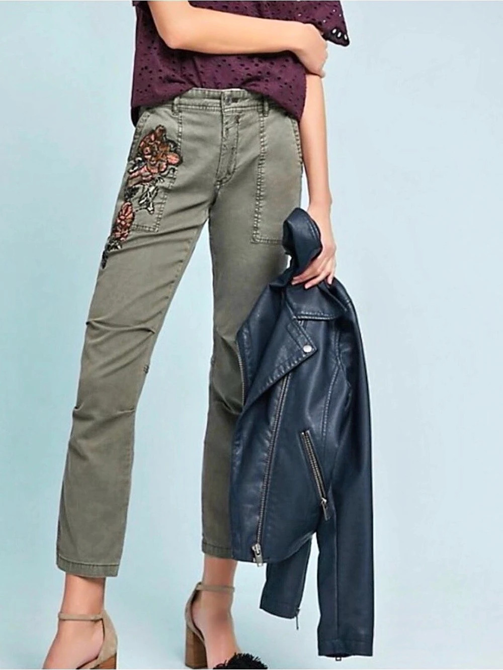 Anthropologie the Wanderer Embellished Utility Pants in Olive Size 29 Excellent